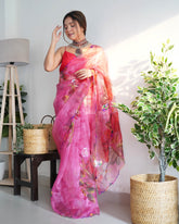 Pink Cutwork And Gotapatti Work Pure Organza Silk Saree